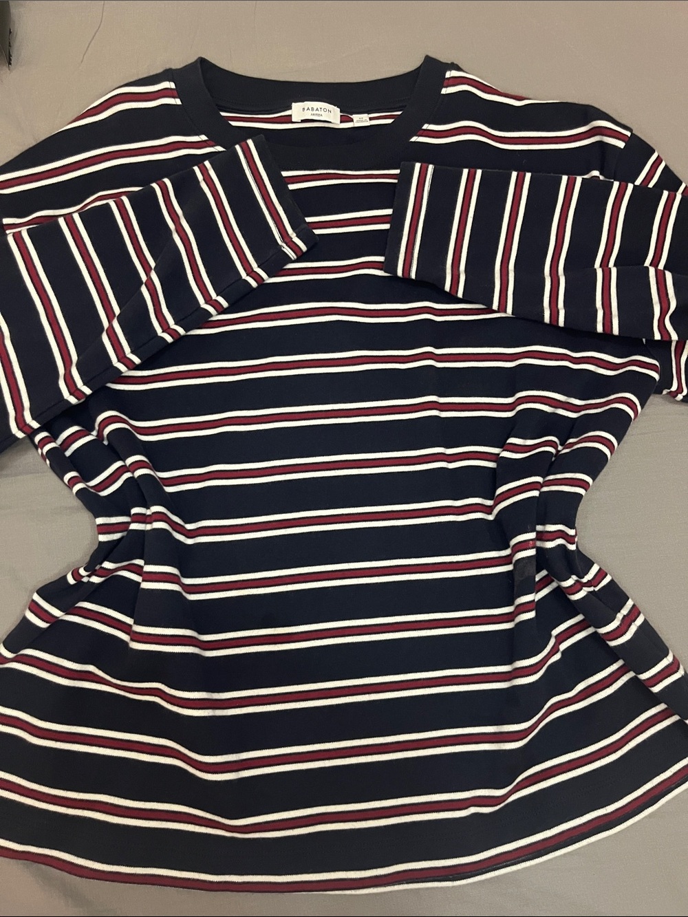 Aritzia Navy Three-Quarter Sleeve Tee with White & Burgundy Stripes